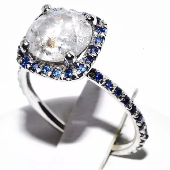 NATURAL ROUND CUT DIAMOND 3.22 TCW & CEYLON SAPPHIRE 14K WHITE GOLD RING - Picture 12 of 16